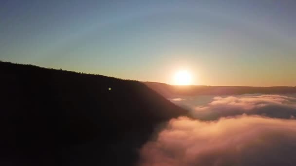 日の出に川の上に霧の空中ビュー 空中の川の上に厚い霧 Dniester 朝の霧の川 日の出の霧 — ストック動画