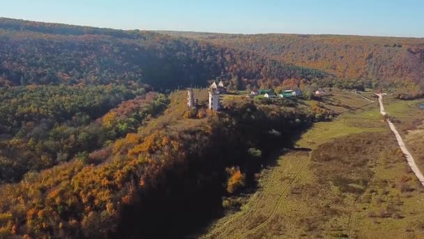 Letecký Pohled Staré Zříceniny Hradu Podzim Letecký Pohled Podzimní Les — Stock video