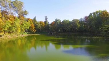 Köyde sonbahar göl, Sonbahar Doğa Hava manzara uçuş üzerinde gölet ve göllerde, Sonbahar Doğa Hava manzara uçuş ile güzel park üzerinde göl ve parlak renkli orman üzerinde uçuş
