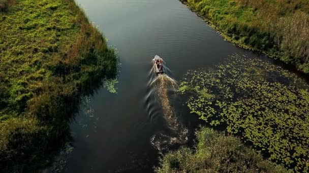 小さな川のモーターボートの人々の航空写真 プリピャットデルタの水路を下る観光船の航空写真 川でモーターボートの上を飛ぶ モーターボートの4人の男性 ボートで旅行する人のトップビュー — ストック動画