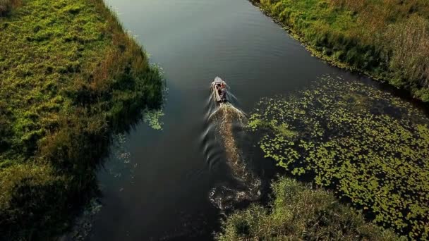 Aerial View People Motorboat Small River Aerial View Tourist Boat — Stock Video