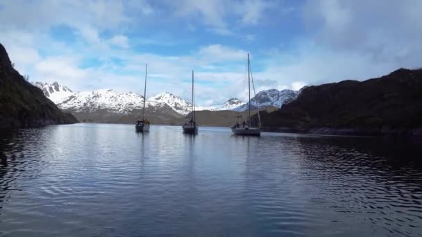 Iates Fiorde Norueguês Iates Ilhas Lofoten Iates Fundo Das Montanhas — Vídeo de Stock