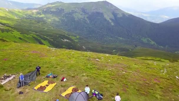 Vista Aérea Del Campamento Carpas Cima Montaña Rododendros Florecientes Campamento — Vídeo de stock