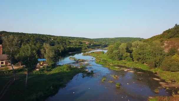 Aerial View River Flying River Green Trees Flight Overgrown Pond — Stock Video