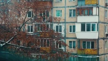 çok katlı bina ve sonbahar yaprakları, şehrin sonbaharı.