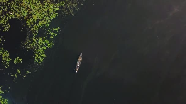 Vista Aérea Del Barco Río Amanecer Salida Del Sol Río — Vídeos de Stock