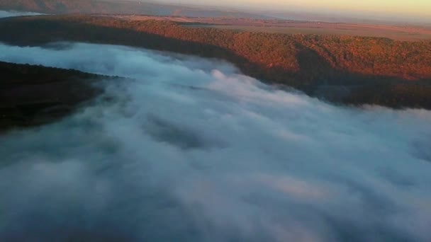 Vlucht Door Wolken Boven Rivier Luchtfoto Van Mist Rivier Bij — Stockvideo