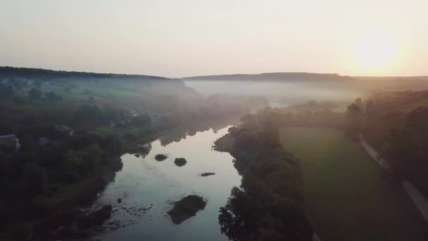 Vue Aérienne Des Rivières Lever Soleil Brouillard Soleil Sur Les — Video