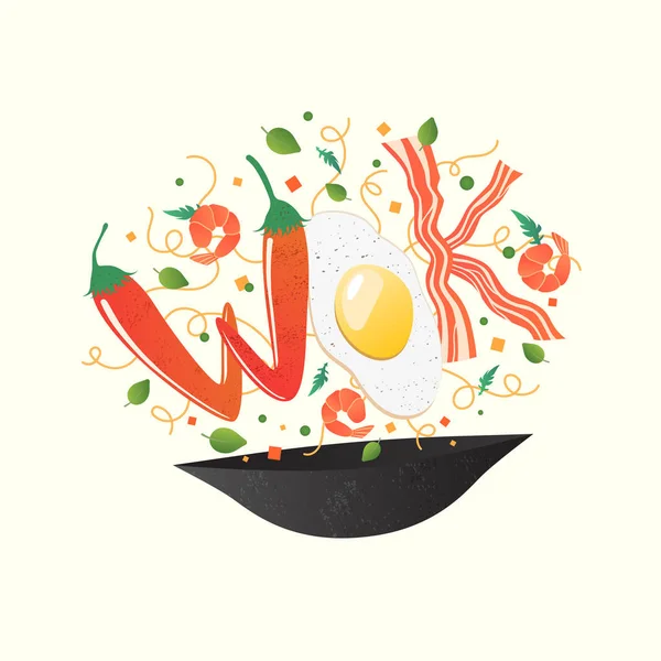 Логотип для тайского или китайского ресторана. Перемешайте жаркое съедобными буквами. Векторная иллюстрация процесса приготовления. Переворачиваю азиатскую еду на сковородке. Мультфильм плоский стиль изолирован на белом — стоковый вектор