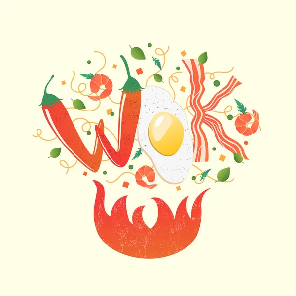 Logo Wok per ristorante thai o cinese. Mescolare friggere con lettere commestibili. Illustrazione vettoriale del processo di cottura. Invertire il cibo asiatico sul fuoco. Stile piatto del fumetto — Vettoriale Stock