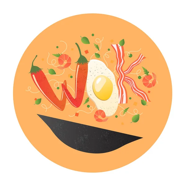 Logo Wok per ristorante thai o cinese. Mescolare friggere con lettere commestibili. Illustrazione vettoriale del processo di cottura. Flipping cibo asiatico in una padella. Stile piatto del fumetto nella composizione del cerchio — Vettoriale Stock