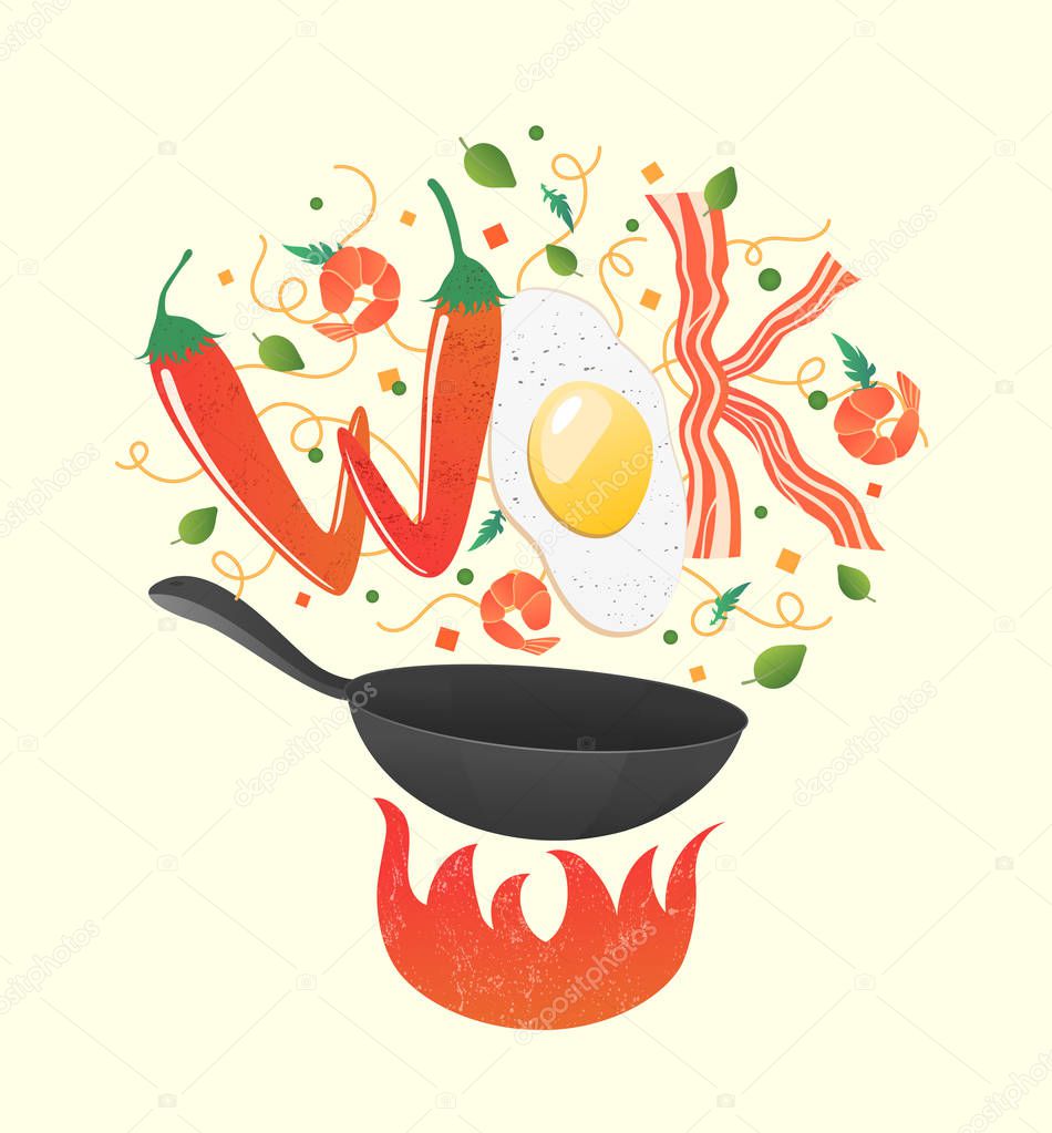 Wok logo for thai or chinese restaurant. Stir fry with edible letters. Cooking process vector illustration. Flipping Asian food in a pan. Cartoon style.
