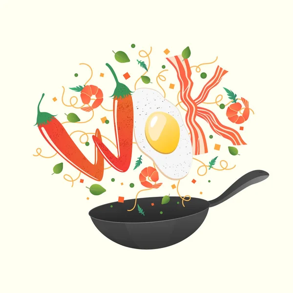 Wok logo for thai or chinese restaurant. Stir fry with edible letters. Cooking process vector illustration. Flipping Asian food in a pan. Cartoon flat style isolated on white — Stock Vector
