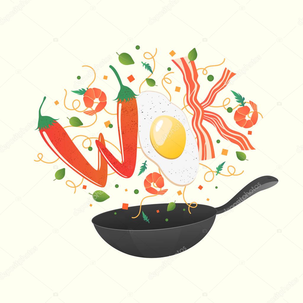 Wok logo for thai or chinese restaurant. Stir fry with edible letters. Cooking process vector illustration. Flipping Asian food in a pan. Cartoon style.