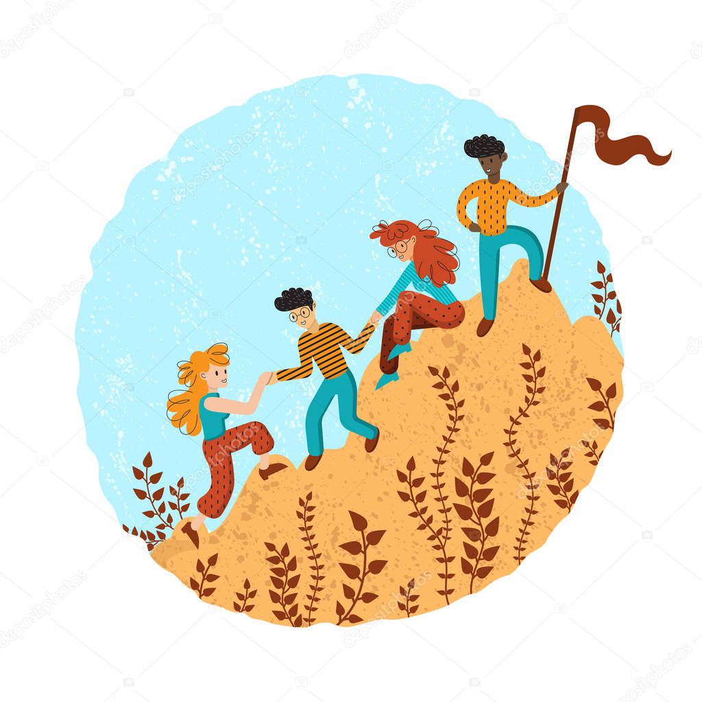 Group of climbers helping each other. Concept of teamwork. International business people in mountains. Leader on the top. Vector illustration in flat cartoon style.