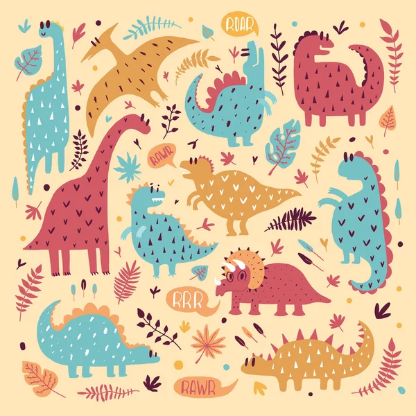 Ilustración de dinosaurios lindos con hojas tropicales. Patrón vectorial dibujado a mano. Lindo diseño de dino para niños — Vector de stock