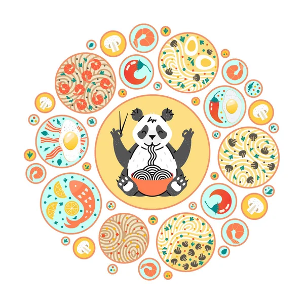 Panda comiendo fideos con palillos. Platos chinos en los platos. Vista superior. Composición circular con diferentes alimentos. Cartel para café chino o japonés. Estilo de dibujos animados . — Vector de stock