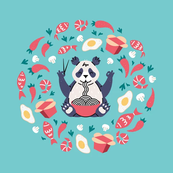 Panda frisst Nudeln mit Stäbchen fliegende Zutaten in Kreis-Zusammensetzung. Plakat für chinesisches oder japanisches Café. Cartoon-Stil. — Stockvektor