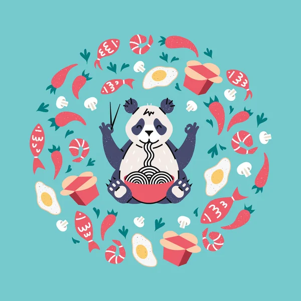 Panda noedels eten met stokjes. Vliegende ingrediënten in de samenstelling van de cirkel. Affiche voor de chinese of Japanse café. Cartoon stijl. — Stockvector