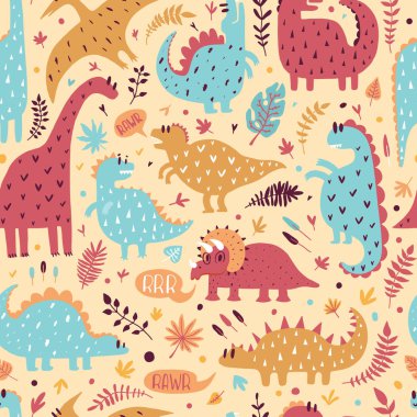 Sevimli dinozor tropikal yaprakları ile Seamless modeli. El vektör çizim çekilmiş. Şirin dino tasarım çocuklar için.