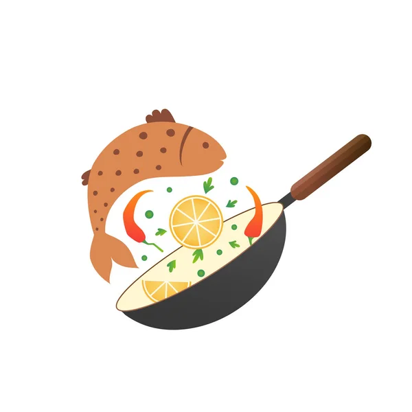 Voltear el pescado frito con limón y pimienta en una sartén. Estilo plano de dibujos animados. Proceso de cocción vector ilustración . — Vector de stock