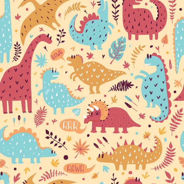 Nahtloses Muster niedlicher Dinosaurier mit tropischen Blättern. handgezeichnete Vektorillustration. Niedliches Dino-Design für Kinder. — Stockvektor