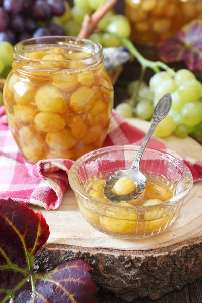 Dessert Automne Confiture Raisins Verts Maison Dans Bocal Des Baies — Photo