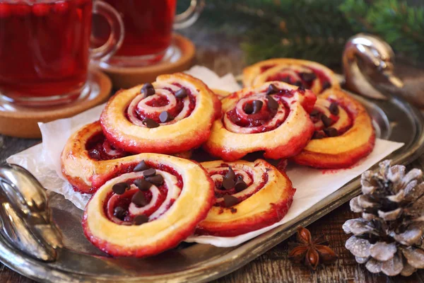 Festive Winter Pastries Sweet Cranberry Roll Buns Chocolate Drops Two — Stock Photo, Image