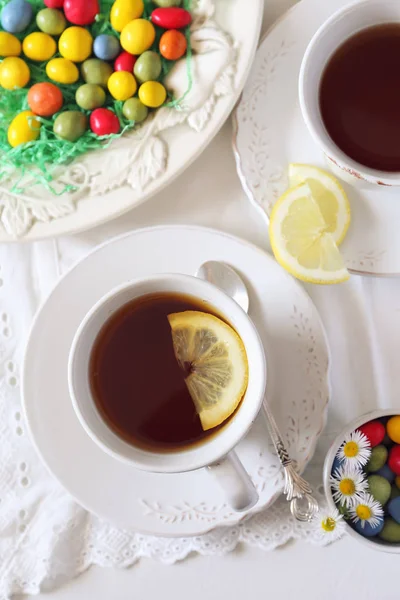 Easter Mood Cup Lemon Tea Drink Colorful Candy Light Background — Stock Photo, Image