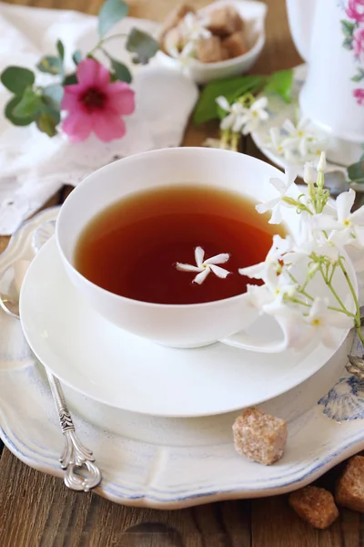 Декоративна Композиція Вінтажного Стилю Романтичне Чаювання Жасминовим Чаєм — стокове фото