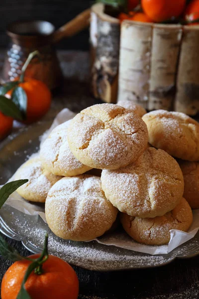 Winter Baking Homemade Tangerine Cookies Coffee Cezve Powdered Sugar Dressing — Stock Photo, Image