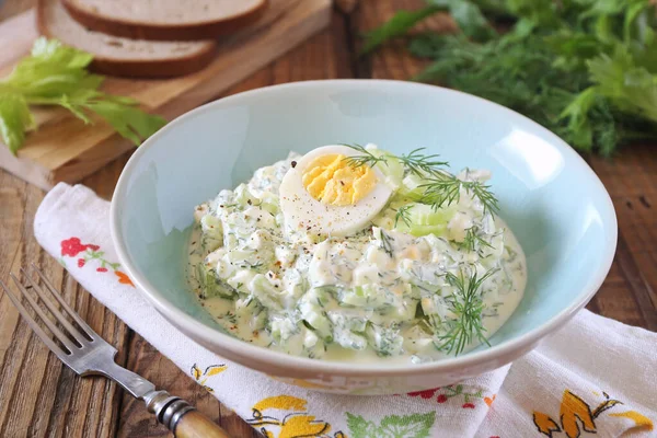 Витаминный овощной салат с укропом, сельдереем, яйцами и греческим йогуртом — стоковое фото