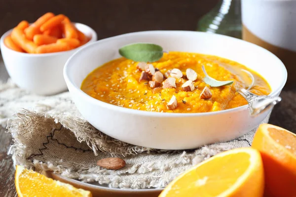 Soupe Carotte Végétarienne Aux Légumes Avec Jus Orange Vinaigrette Aux — Photo