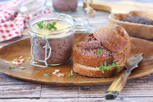 Faux Gras Vegetable Foie Gras Lentils Beets Jar Bread — Stock Photo, Image