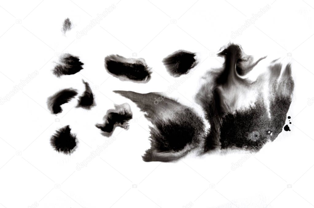 Abstract hand drawn ink spots set isolated on white background. Artistic design liquid paints for card, poster, invitation, website and banners. Monochrome dark colors