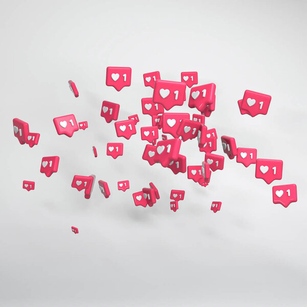 Bold pink 3d render. Shiny glossy plastic look. White background with shadows. Account growth, people interaction and connection, internet addiction problem. Digital life and emotions.