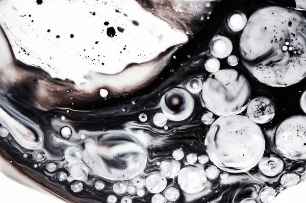 Unique ink background with small bubbles. Mix of black and white liquids. Creative realistic pattern. Space for text. Abstract artistic wallpaper. Small details, transparent and creamy combination — Stock Photo, Image