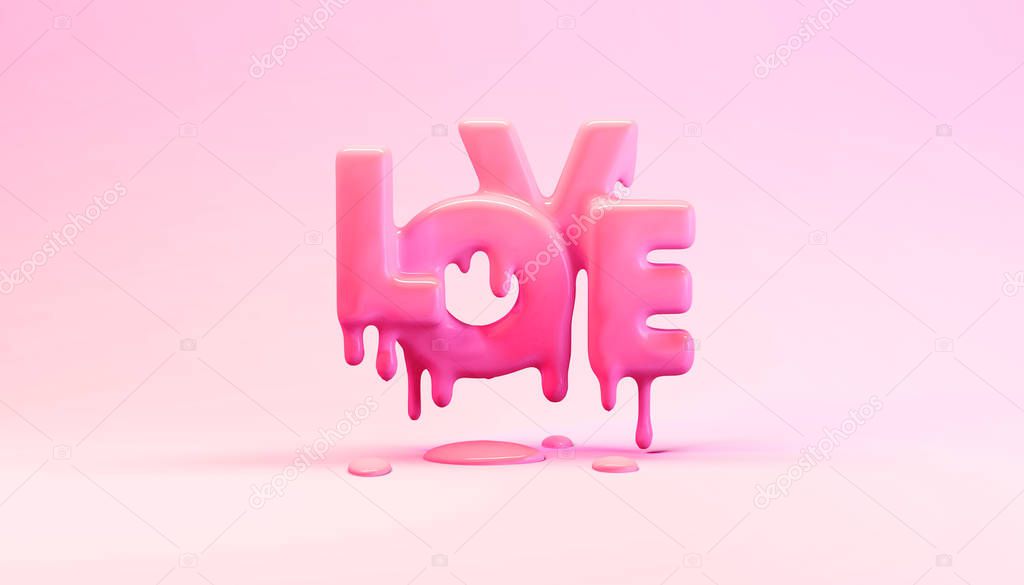 3d rendering illustration of melting word love with drops in bright pink plastic studio. Valentines day funny greeting card. Cute creative emotion concept. Liquid paint imitation.
