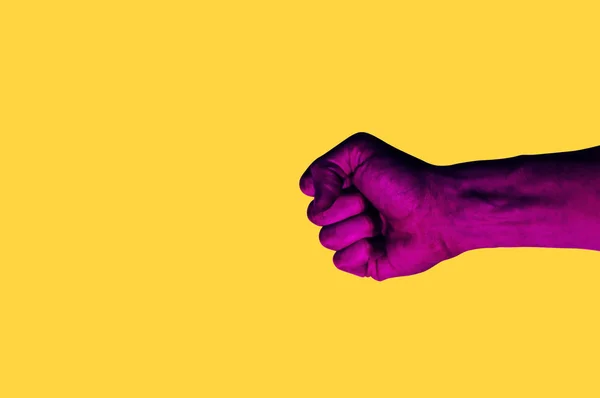 Isolated hand photo on yellow background. Pink hand collage style. Bright pop art template with space for text. Creative minimalistic backdrop. — Stock Photo, Image