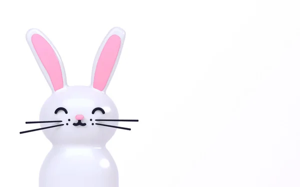 3d representación ilustración de kawaii lindo conejo vacaciones de Pascua. Fondo de pantalla divertida brillante animal horizontal. Material plástico brillante. Personaje estilo de dibujos animados. Orejas arriba y cara feliz emoción con sonrisa . — Foto de Stock