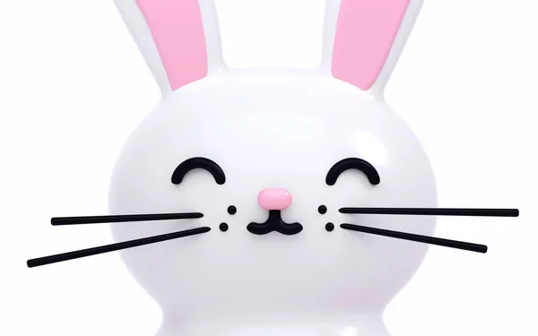 3D renderowania ilustracja kawaii ładny królik Wielkanoc wakacje. Zabawny jasne poziomy Tapety ze zwierzętami. Błyszczący materiał z tworzywa sztucznego. Postać z kreskówki stylu. Uszy w górę i emocji szczęśliwy twarz uśmiech. — Zdjęcie stockowe