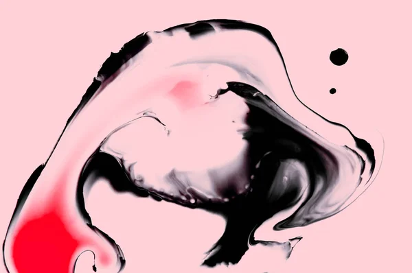 Kreativ flytande svart och röd bläck vätska konsistens på rosa bakgrund. Minimalistisk trendig stil. Handmålade tapeter. Modern samtida konst. Isolerad bakgrund. Borsta splatter prickar. Fantasi spel — Stockfoto