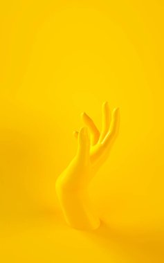 Sarı el 3d render illüstrasyon. İnsan vücut parçaları. Grafik tasarım projeleri için konsept sahnesi. Parlak plastik parlak malzeme. Dikey yönlendirme sahnesi. Modern kavram sosyal medya şablonu