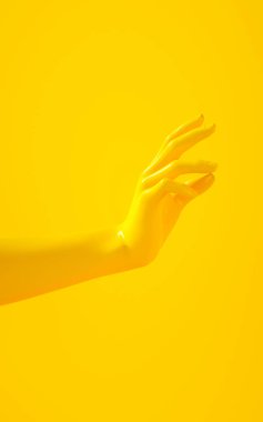 Sarı el 3d render illüstrasyon. İnsan vücut parçaları. Grafik tasarım projeleri için konsept sahnesi. Parlak plastik parlak malzeme. Dikey yönlendirme sahnesi. Modern kavram sosyal medya şablonu