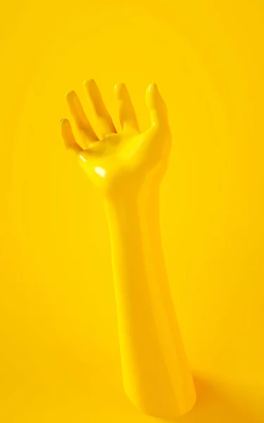 노란색 손의 3D 렌더링 그림입니다. 인체 부위. 그래픽 디자인 프로젝트의 컨셉 씬입니다. 빛나는 플라스틱 광택 소재. 수직 방향 장면입니다. 현대 개념 소셜 미디어 템플릿 — 스톡 사진