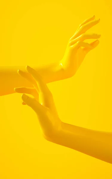 3D vykreslení ilustrace žlutých rukou. Části těla člověka. Scéna konceptu pro projekty grafických návrhů. Lesklý plastový lesklý materiál. Vertikální orientace. Šablona sociálního média moderního pojetí — Stock fotografie