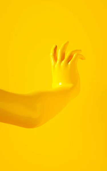 3D vykreslení ilustrace žluté ruky. Části těla člověka. Scéna konceptu pro projekty grafických návrhů. Lesklý plastový lesklý materiál. Vertikální orientace. Šablona sociálního média moderního pojetí — Stock fotografie