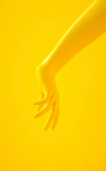 黄色い手の3Dレンダリングイラスト。人体の一部グラフィックデザインプロジェクトのコンセプトシーン。光沢のあるプラスチック光沢のある材料。垂直方向シーン。現代の概念ソーシャルメディアテンプレート — ストック写真