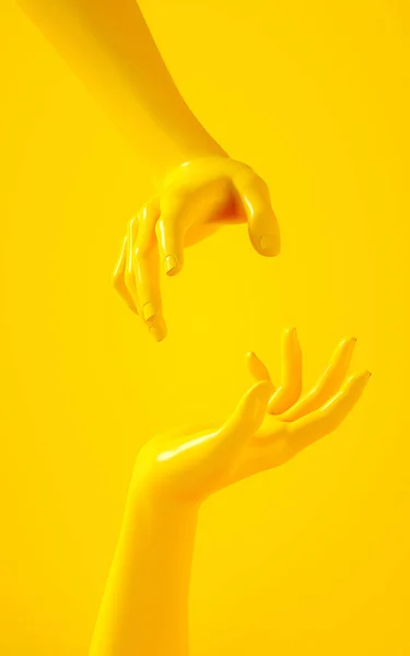 การแสดงภาพสามมิติของมือสีเหลือง ส่วนของร่างกายมนุษย์ ฉากแนวคิดสําหรับโครงการออกแบบกราฟิก วัสดุพลาสติกมันวาว ฉากแนวตั้ง เทมเพลตสื่อสังคมออนไลน์แนวคิดสมัยใหม่ — ภาพถ่ายสต็อก