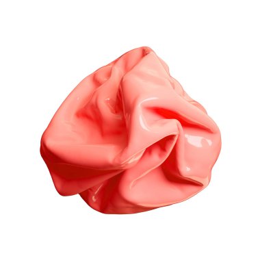 Beyaz arka plan üzerinde izole yumuşak sıkıştırılmış buruşturulmuş top şekli 3d render illüstrasyon. Taze mercan şeftali rengi. Yansımaları ve gölgeleri ile parlak malzeme. Grafik tasarım için modaya uygun sanat